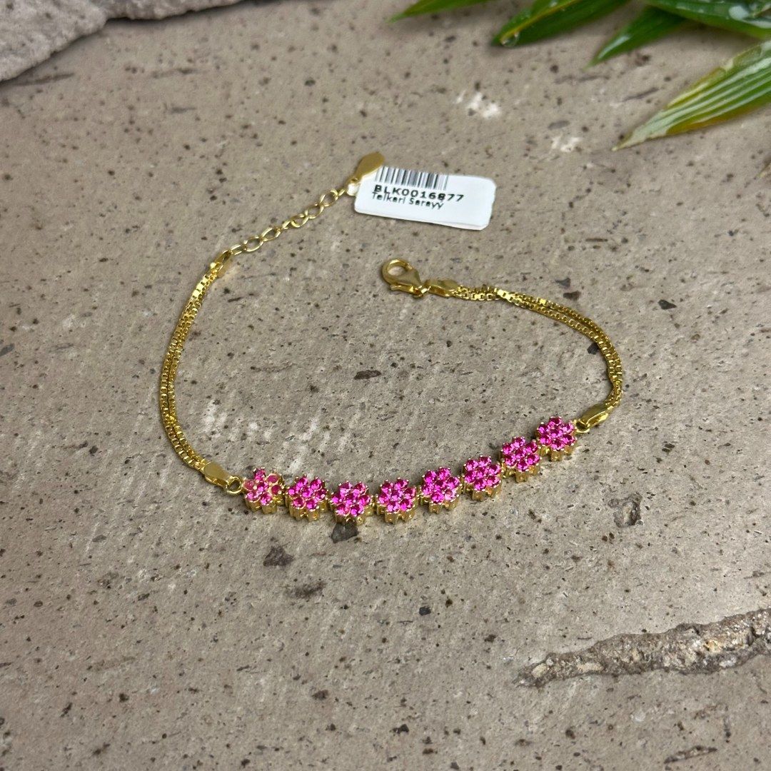 Pembe Zirkon Taşlı Papatya Model 925 Ayar Gold Gümüş Bileklik