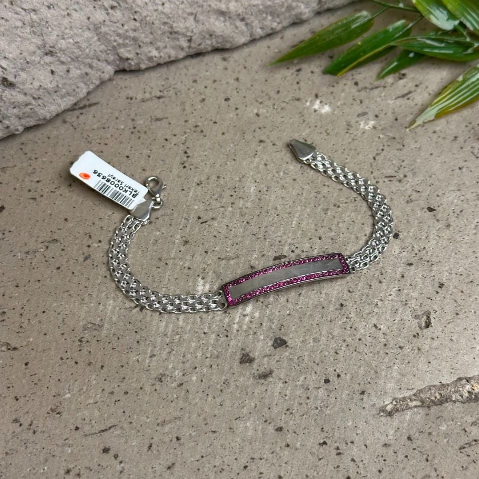 Pembe Zirkon Detaylı İsim Yazılabilir 925 Ayar Gümüş Künye Bileklik
