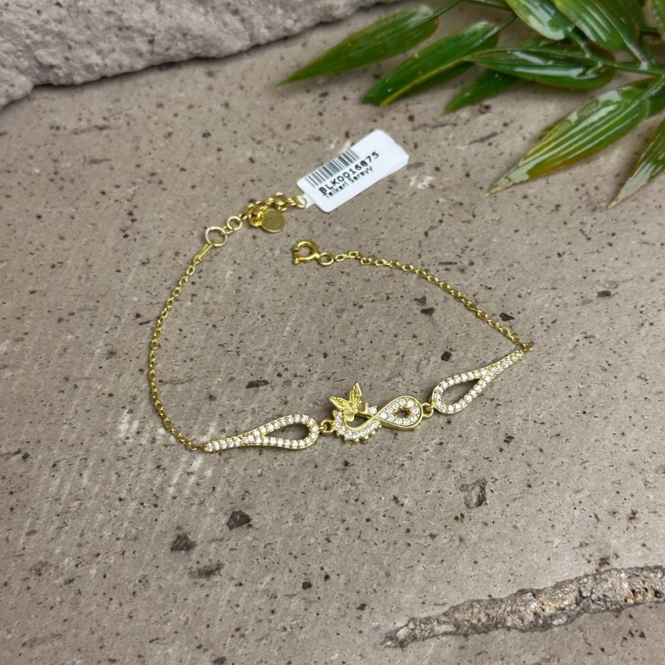Gold Kelebek Motifli Sonsuzluk Model 925 Ayar Gümüş Bileklik