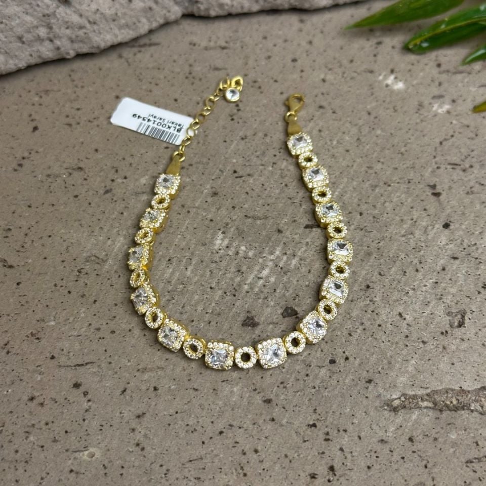 Pırlanta Model Sıra Taşlı 925 Ayar Gold Kaplama Gümüş Bileklik