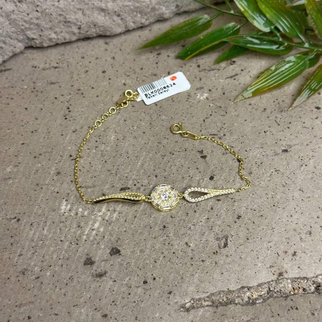 Zirkon Taşlı Gold 925 Ayar Gümüş Bileklik