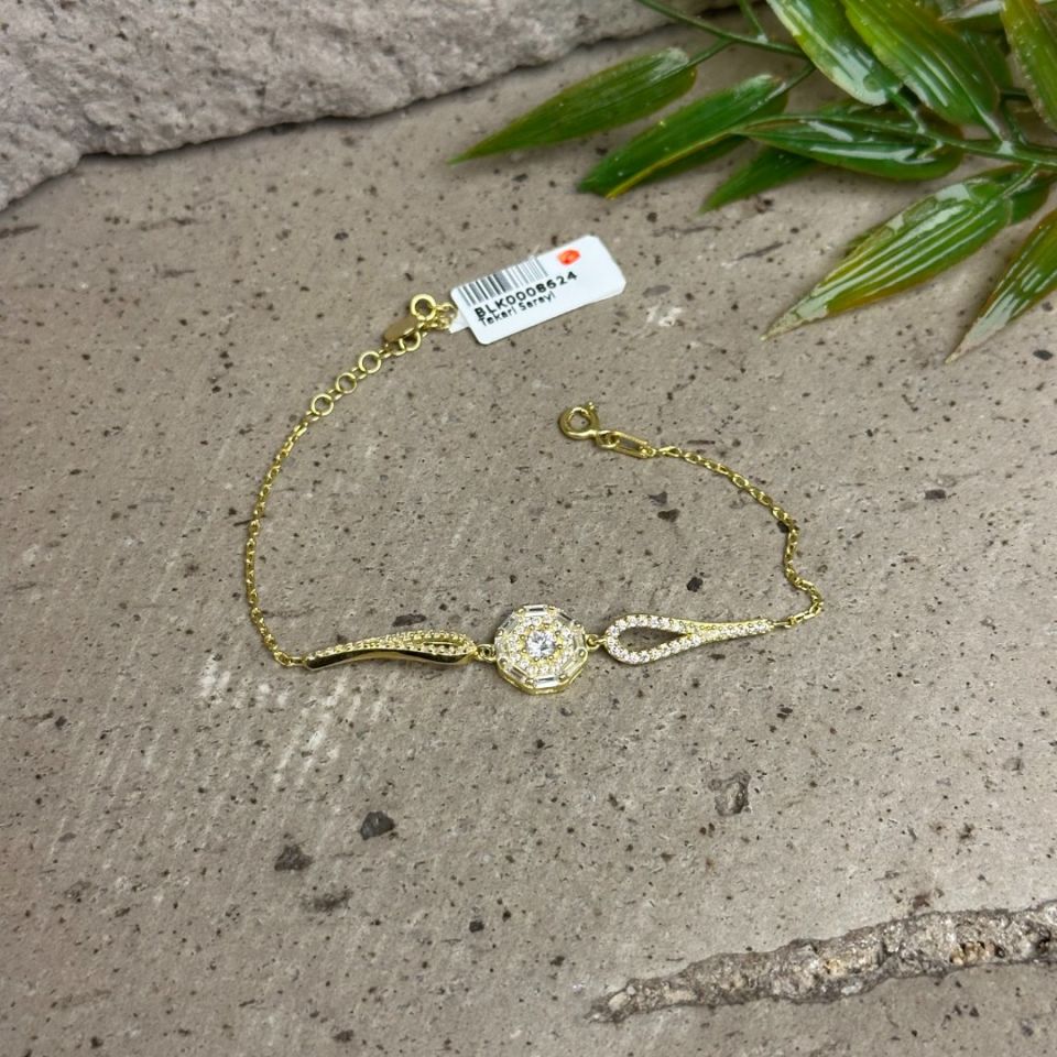 Zirkon Taşlı Gold 925 Ayar Gümüş Bileklik
