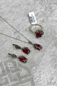 Oval Model Kök Yakut Taşlı Markazit Üçlü Set