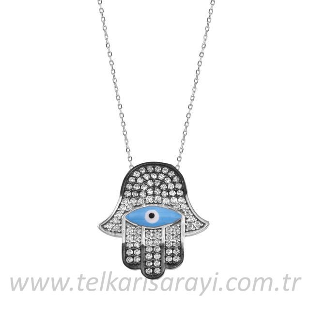 Mine ve Zirkon Taşı Gümüş Fatima Eli Nazar Boncklu  Motifli Hayalet Kolye