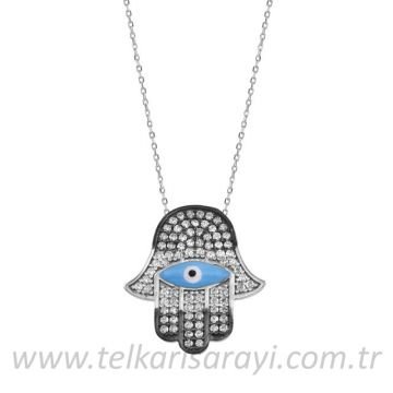 Mine ve Zirkon Taşı Gümüş Fatima Eli Nazar Boncklu  Motifli Hayalet Kolye