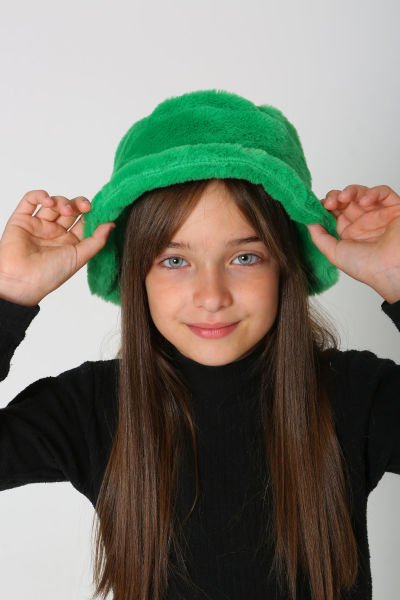 Çocuk Kürk Peluş Kova Bucket Yuvarlak Şapka - Yeşil