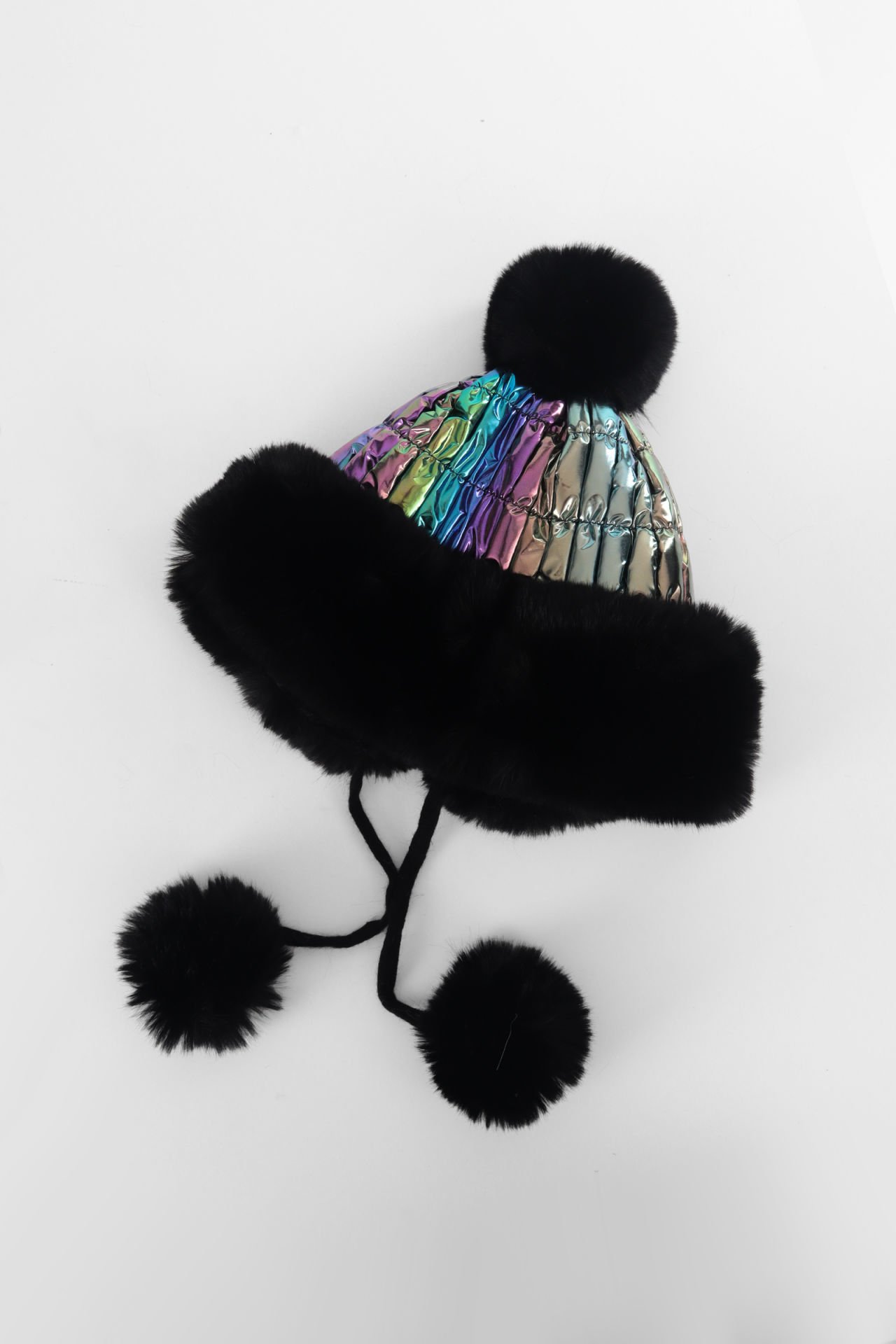 Gökkuşağı Parlak Renkli Kürklü Ponponlu Şapka