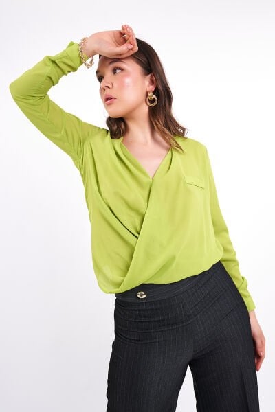 Yeşil Kruvaze Şifon Gömlek Bluz