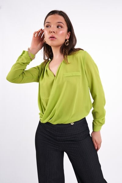 Yeşil Kruvaze Şifon Gömlek Bluz