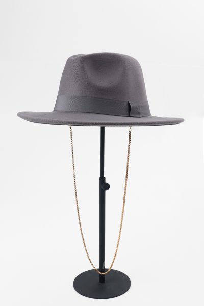 Gri Zincirli Boyun Askılı Fötr Panama Şapka - Gri
