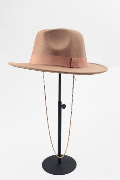 Zincirli Boyun Askılı Fötr Panama Şapka - Vizon
