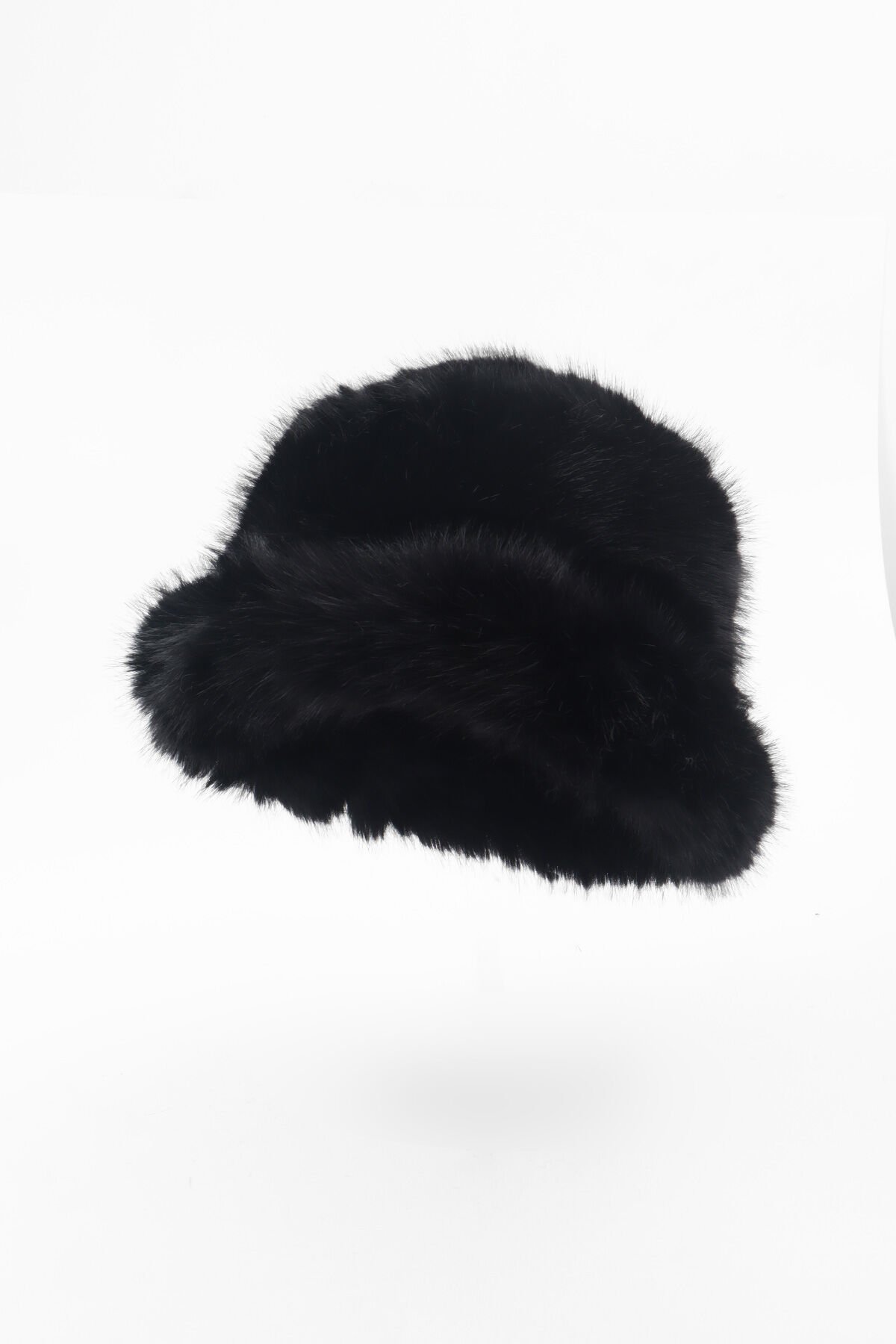 Siyah Kürk Yuvarlak Şapka Peluş Bucket Şapka