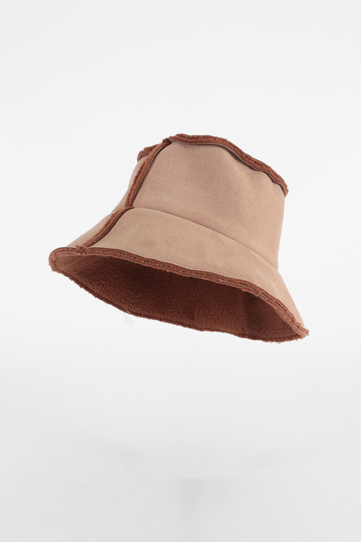 Peluş Detaylı Bucket Yuvarlak Şapka - Bej Kahve