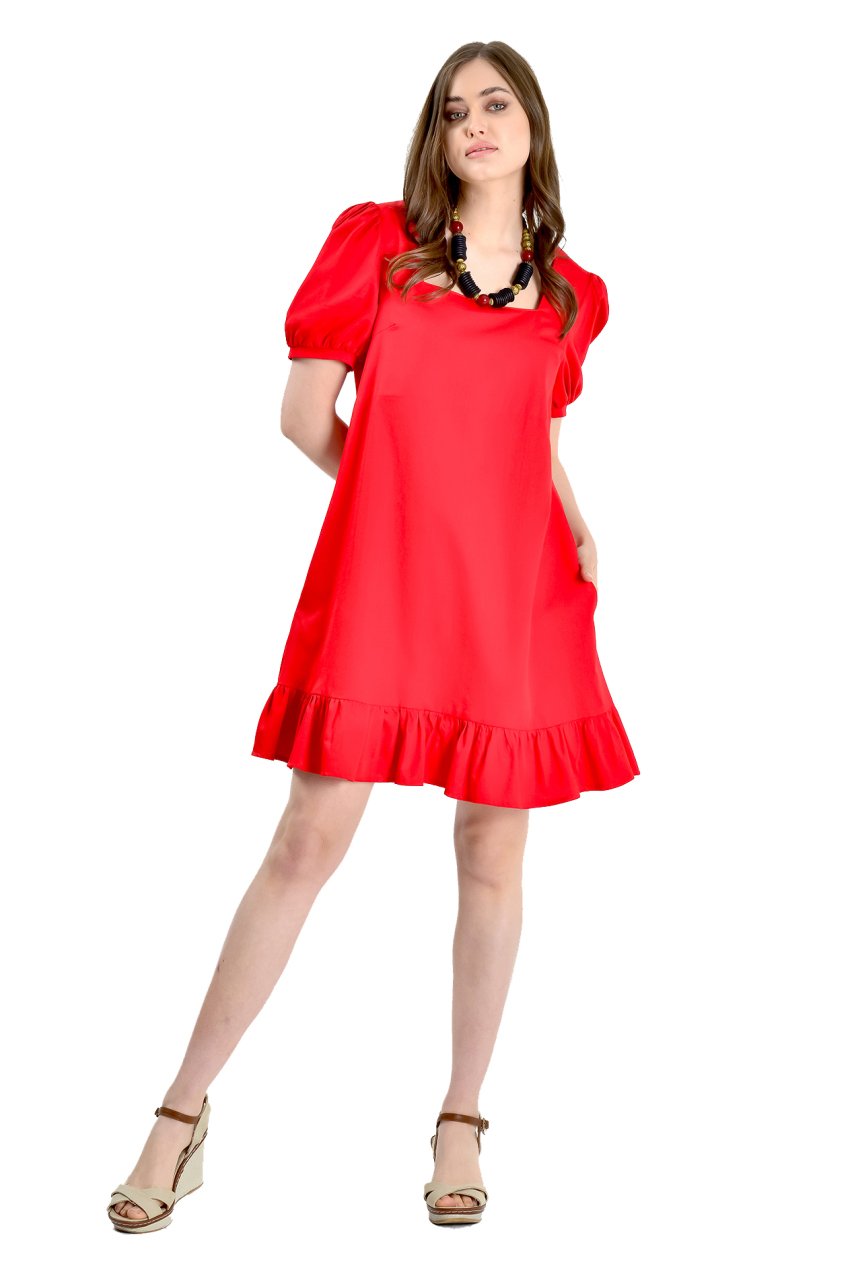 Etnik Kare Yaka Yarım Kol Elbise - Kırmızı