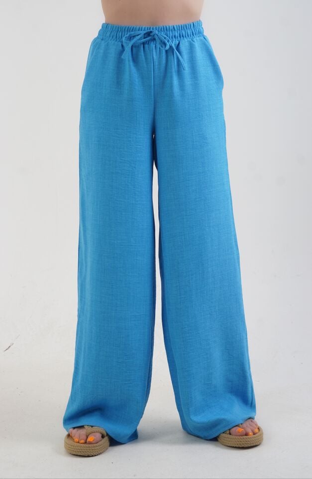 Koyu Mavi Beli Bağcıklı Bol Paça Pantolon