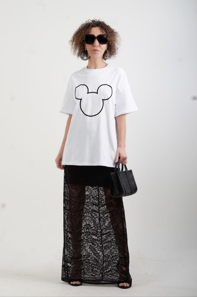 Mickey O Yaka Baskılı Oversize Tshirt