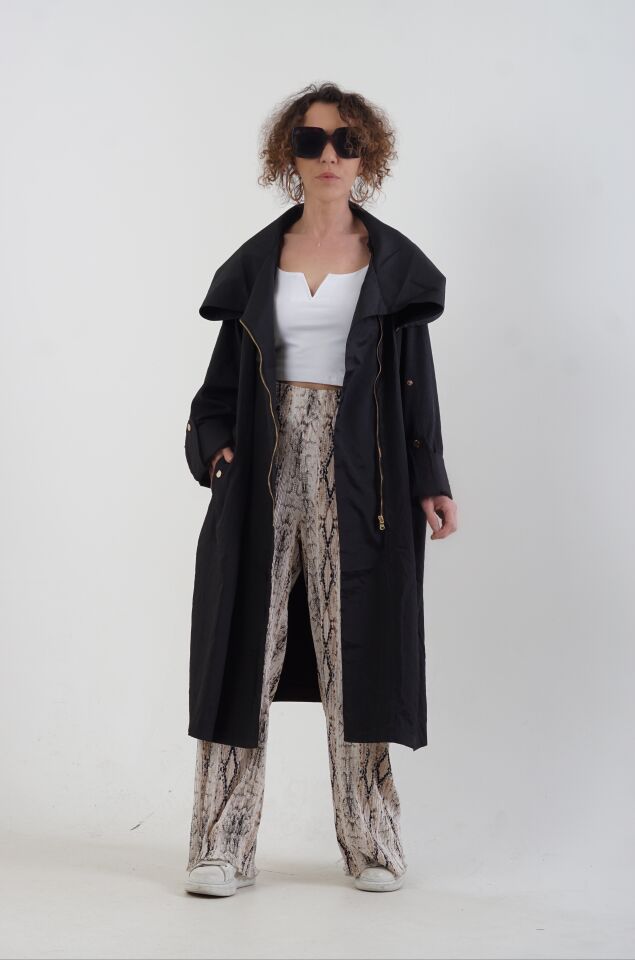 Siyah  Geniş Yaka Tencel Oversize Trenchcoat