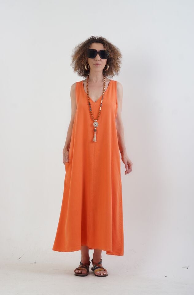 Oranj V Yaka Kolsuz Tencel Elbise