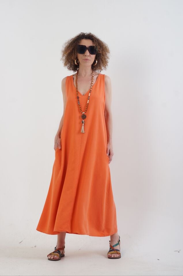 Oranj V Yaka Kolsuz Tencel Elbise