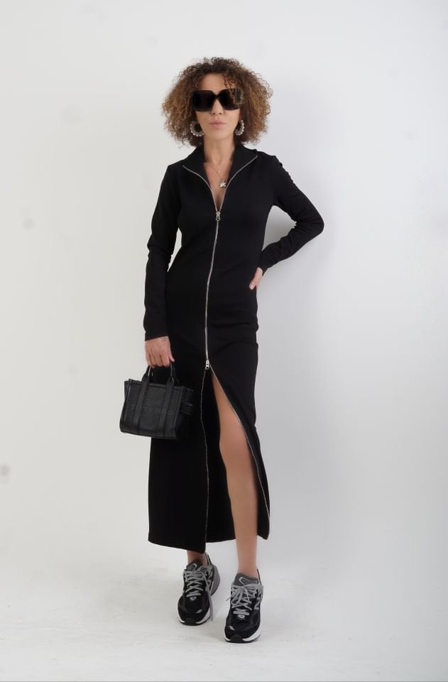 Siyah Madrid Uzun Kollu Fermuarlı Maxi Elbise