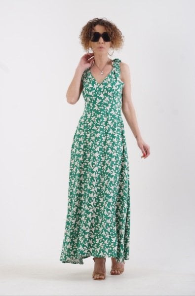 Yeşil  İp Askılı Çiçek Desen Elbise
