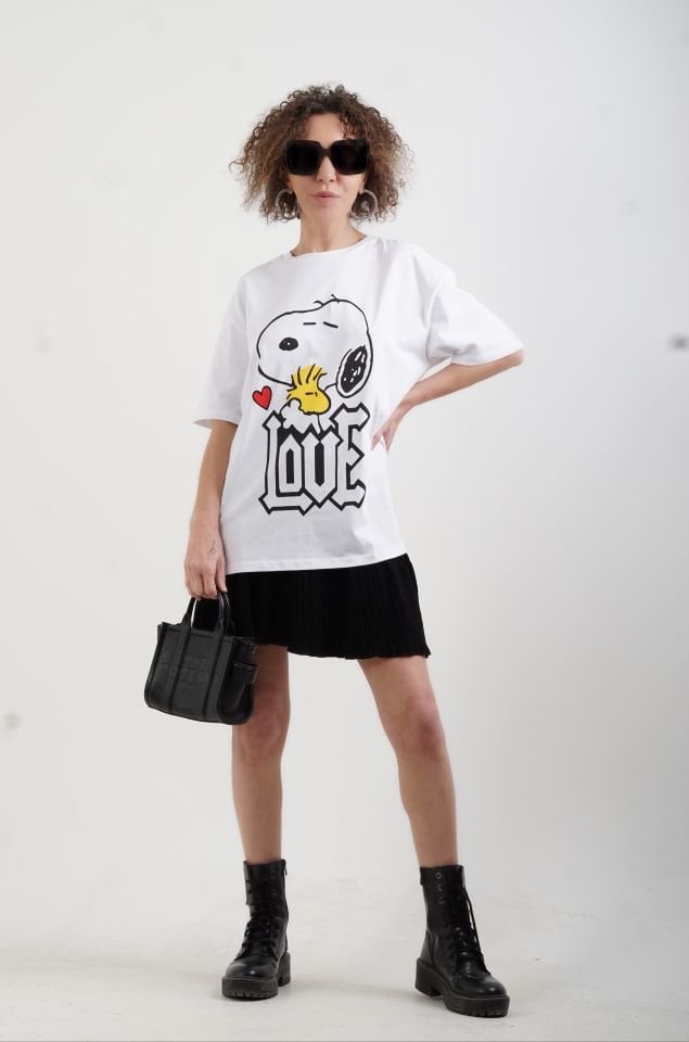 Beyaz Love Snoppy Baskılı Oversize Tshirt