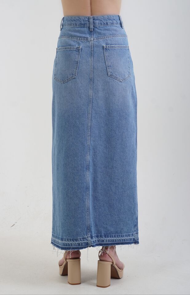 Önü Yırtmaçlı  Midi Denim Etek