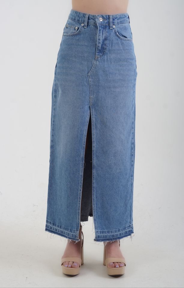 Önü Yırtmaçlı  Midi Denim Etek