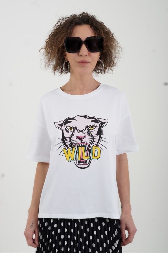 Beyaz Pink Tiger Baskılı Oversize Tshirt