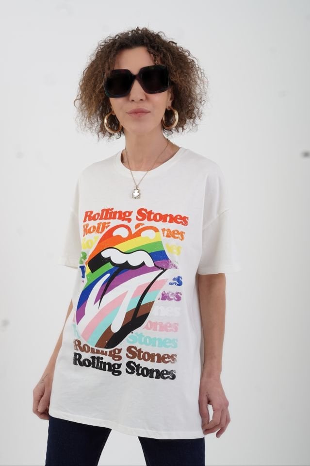 Ekru Rolling Stone Baskılı Tshirt