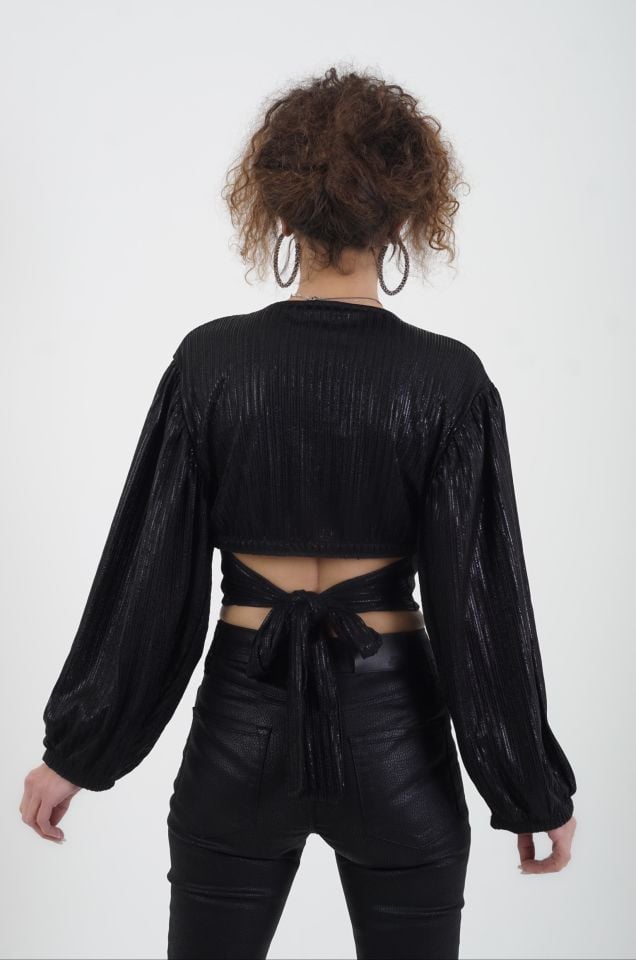 Siyah Geniş Kol Arkadan Bağlamalı Işıltılı Crop Bluz
