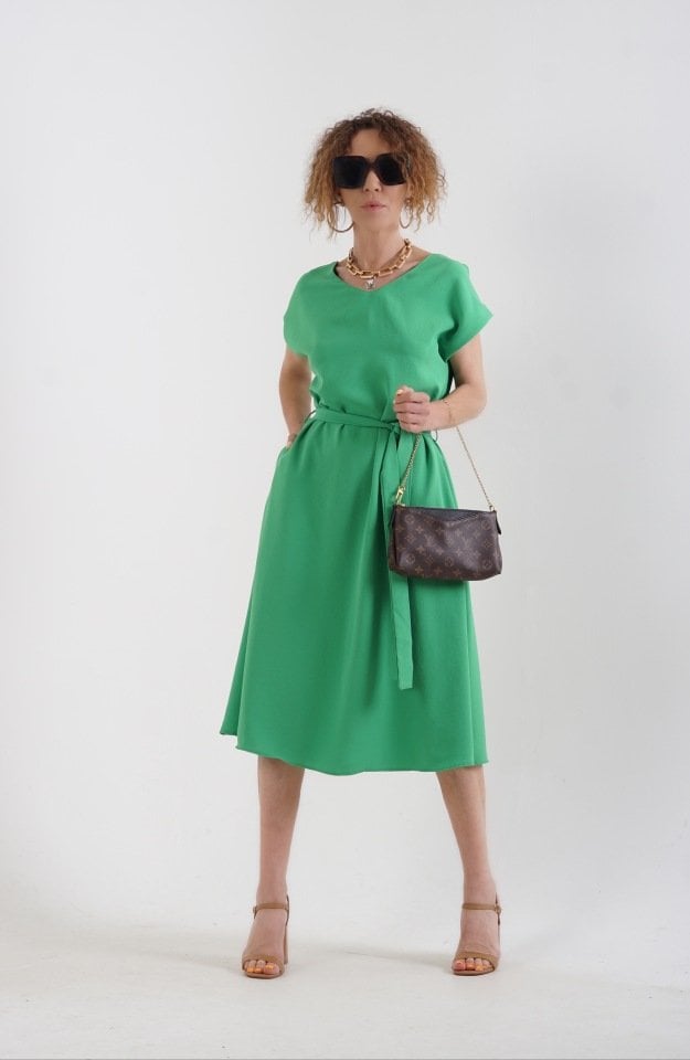 Yeşil Sofistik  V Yaka Beli Bağlamalı Elbise