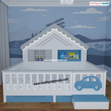 Arabalı Montessori Yatağı- Arkası Çatılı Montessori Karyola 90x190
