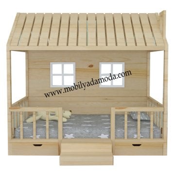 Montessori Yer Yatağı Altı 2 Çekmeceli ve Basamaklı Çatısı Kapalı