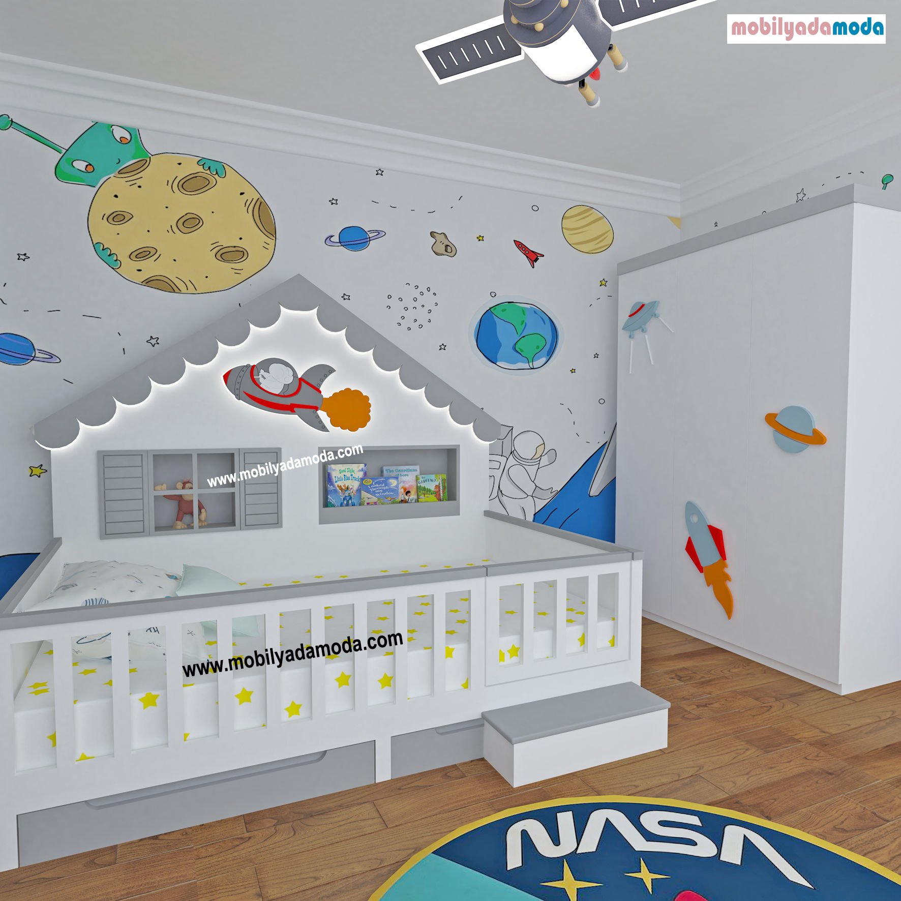 Uzay Montessori Arkası Çatılı Karyola Çekmeceli 90x190