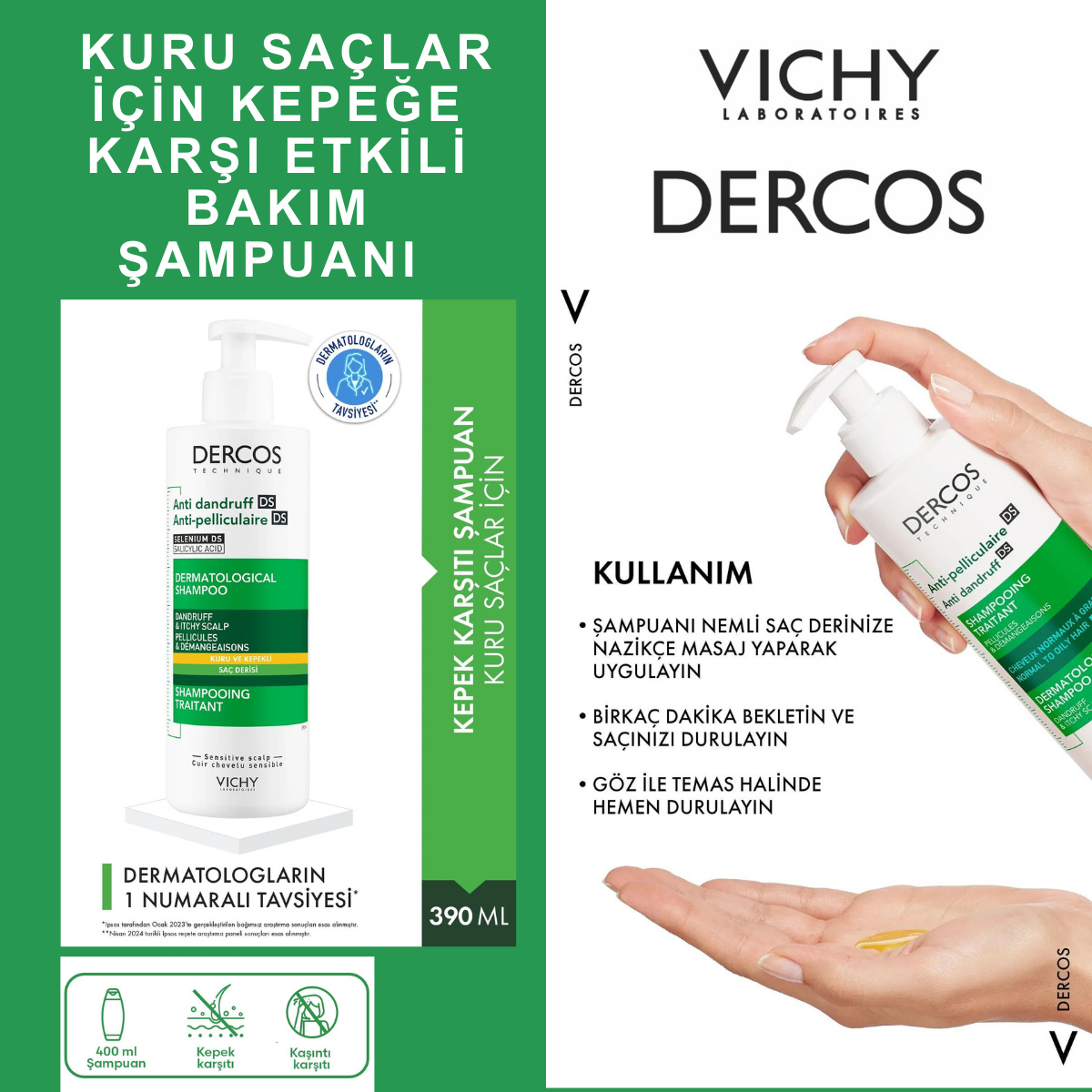 VICHY DERCOS KEPEK KARŞITI ŞAMPUAN 390 ML -KURU SAÇLAR