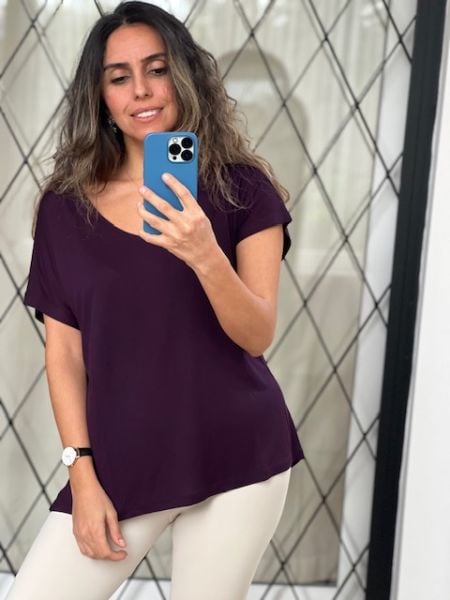 V Yaka Mürdüm Renk Sinu Tshirt