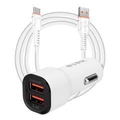 S-link SL-EC30T Type-C Kablolu 3.4A 2 USB Beyaz Araç Şarj Cihazı