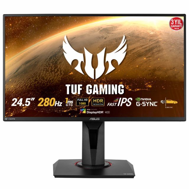 ASUS TUF GAMING VG259QM 24.5 HDR GAMING IPS FREESYNC VE G-SYNC UYUMLU  1920x1080 1MS 280HZ DP HDMI MM VESA 3YIL ELMB SYNC.PIVOT