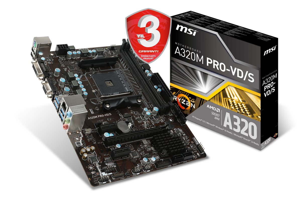 MSI A320M PRO-VD/S AMD A320 Soket AM4 DDR4 3200MHz (OC) VGA DVI Anakart