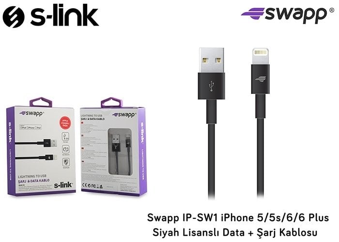 S-link Swapp IP-SW1 iPhone 5/5s/6/6 Plus Siyah Lisanslı Data + Şarj Kablosu