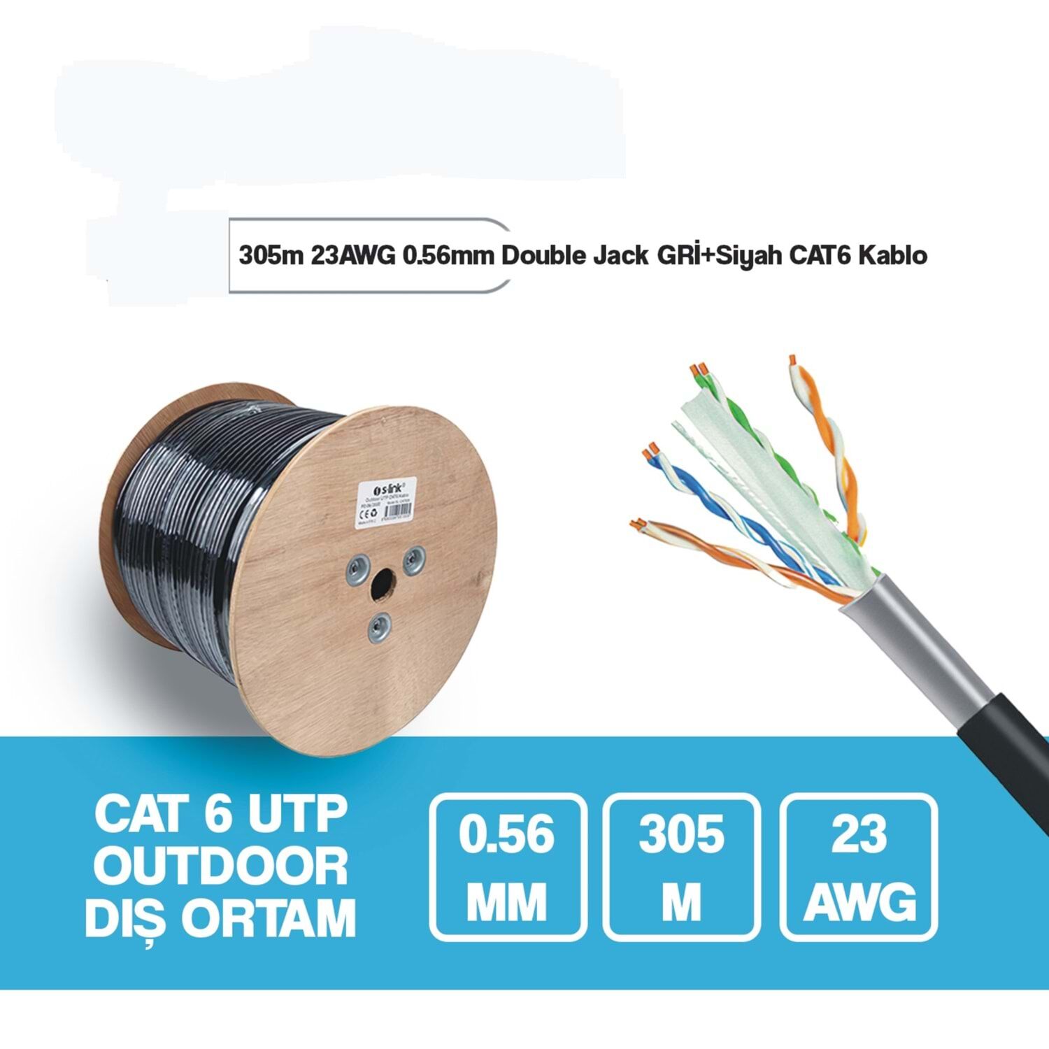 Hytech HY-CAT619 305m Gri/Siyah 0,51mm 23awg UTP CAT6 Dış Ortam Kablosu