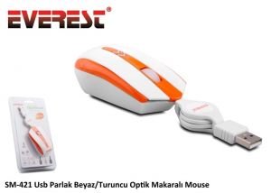 Everest SM-421 Usb Parlak Beyaz/Turuncu Optik Makaralı Mouse