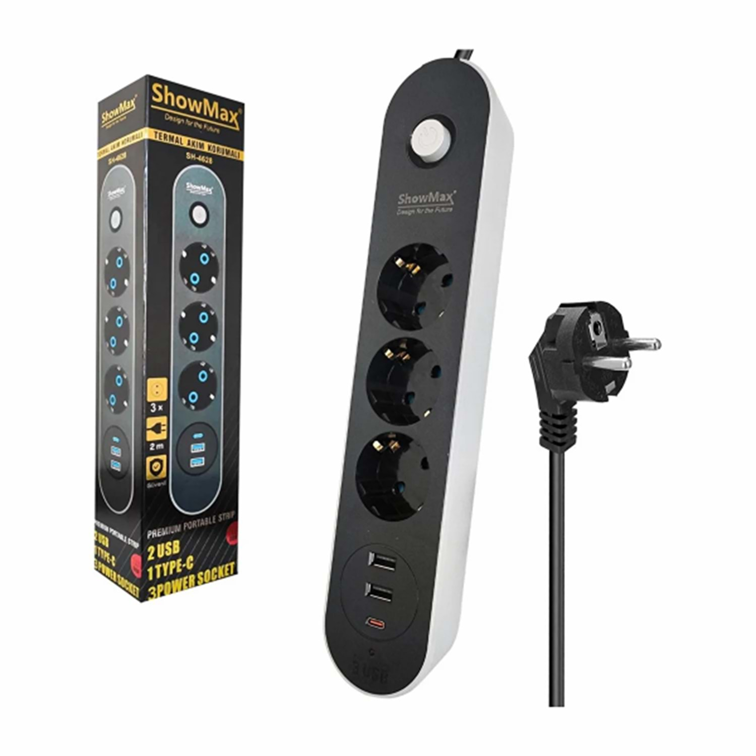 SHOWMAX SH4628 TERMAL AKIM KORUMALI3*PRİZ + 2*USB + TYPE-C 2M SİYAH