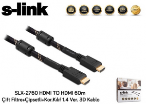 S-link SLX-2760 HDMI TO HDMI 60m Çift Filtre+Çipsetli+Kor.Kılıf 1.4 Ver. 3D Kablo