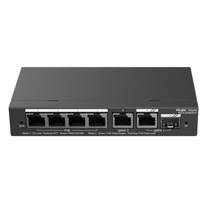Reyee RG-ES206GS-P 6 Portlu, 10/100/1000 Gigabit,Yönetilebilir Switch, 1 Gigabit Uplink, 1 Gigabit C ombo,4 Port PoE+ (54W)