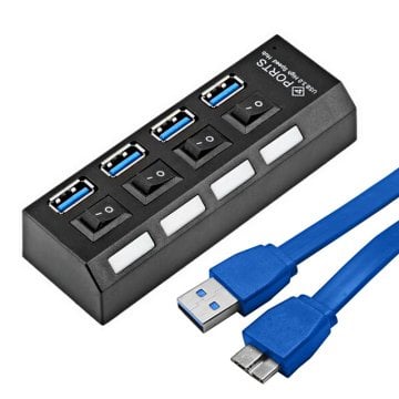 Hytech HY-U350 4*Usb Port USB 3.0 Siyah Usb Hub...Taşıması Kolay Minimal Tasarımlı 4 Adet Usb 3.0 Data Port 1 Adet Hızlı Şarj Sağlayan Akıllı Şarj Portlu Aç-Kapa Anahtarlı Mavi Ledli Hot Swap Destekli Usb Hub