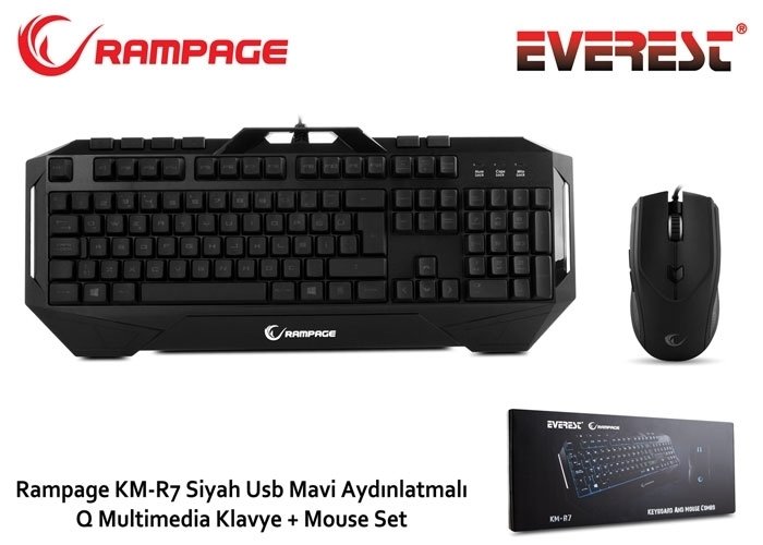 Rampage KM-R7 Siyah Usb Mavi Aydınlatmalı Oyuncu Q Multimedia Klavye + Mouse Set