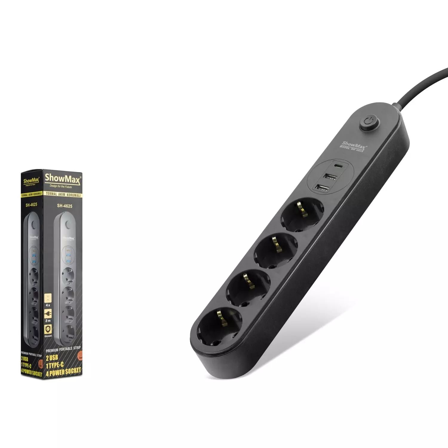 SHOWMAX SH4625 TERMAL AKIM KORUMALI 4*PRİZ + 2*USB + TYPE-C 2M SİYAH