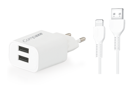 COMPAXE CTA-521DULB24 10W 5V 2.1A ÇİFT USB + USB TO LIGHTNING 2.4A KABLOLU SET BEYAZ